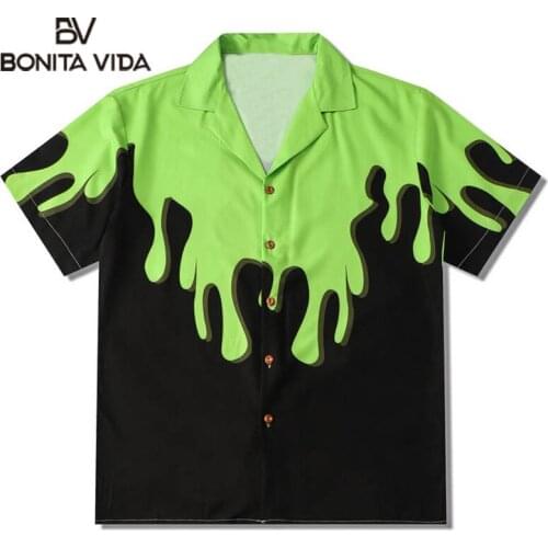 Bonita Vida Hip Hop Color Block Hawaiian Shirt Men Summer Vintage Streetwear Button Down Short Sleeve Tops Fashion Blouse
