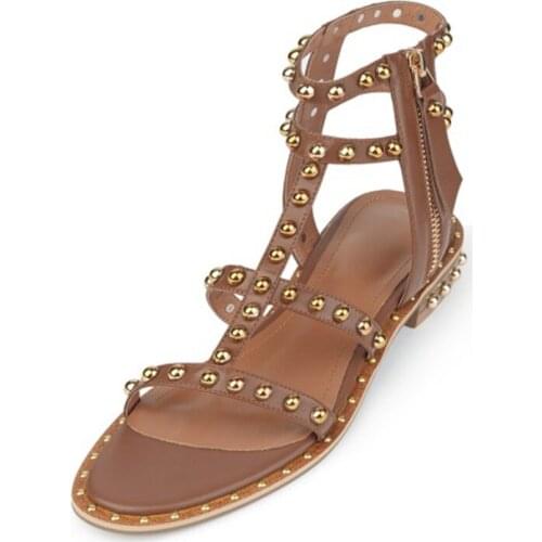 New summer women rivet sandals fashion zip shoes genuine leather round toe low heels sandals for ladies outdoor