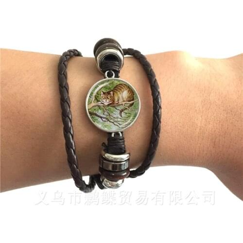 Customize Your Beloved Pet Bracelet 20mm Glass Dome Cat Pattern Series Handmade Black/BrownLeather Bangle Dog Lover Gift