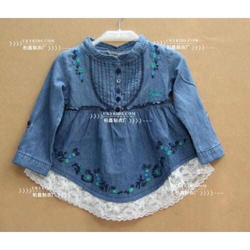 Free Shipping- girls denim blouse, long sleeve shirt with embroidered flowers and lace details, girls spring blouse