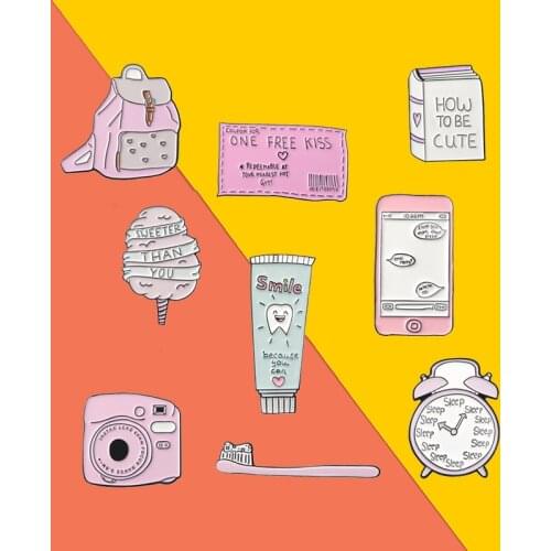 Get up early to school Alarm clock Enamel Pins book pins Pink Sweety Toothbrush Brooches Pins Backpack travel Gifts for students