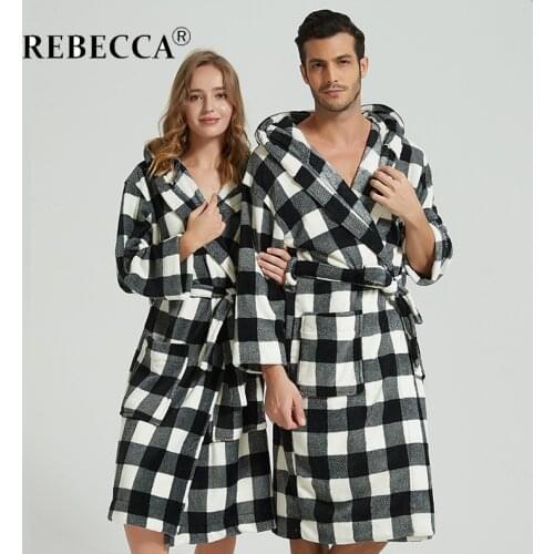 Autumn Winter Flannel Bathrobe Men Women Plaid Hooded Medium Length Dressing Gown Pajamas Male Bridesmaid Robes with String