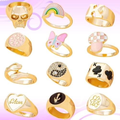 Geometric Simple Love Letters Ring for Women Fashion Jewelry Vintage Skull Butterfly Poker Punk Rings Hip Hop Mushroom Hug Ring
