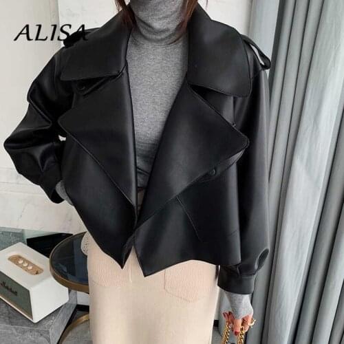 Woman Biker Motorcycle Leather Jacket Spring Autumn Loose Turn Down Collar Faux Leather Coats Ladies Black Red Punk Outwear