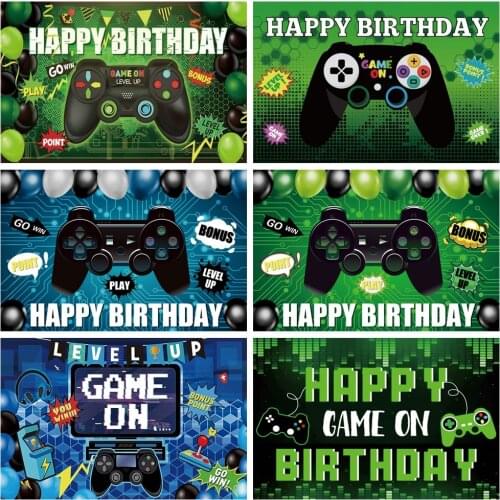 Laeacco Happy Birthday Photophone Play Game Theme Party Poster Blue Green Balloons Newborn Boy Photography Backdrops Backgrounds