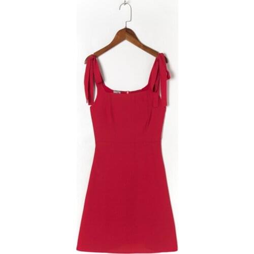 Summer womens casual solid color bow decoration slim-fit suspender dress