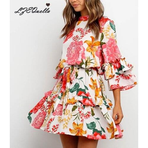 Boho Floral Print A Line Mini Dress Women Flare Sleeve O Neck Dresses Casual High Waist Ruffles Pleated Party Vestidos NZ3477