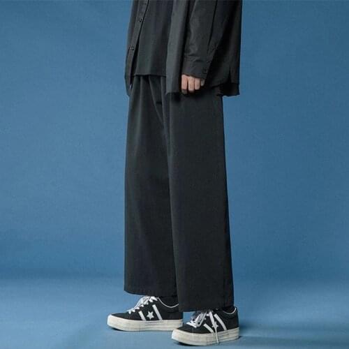 2021 Mens Pants Cotton Wide Leg Ankle Length Elastic Waist Loose Straight Casual Trousers