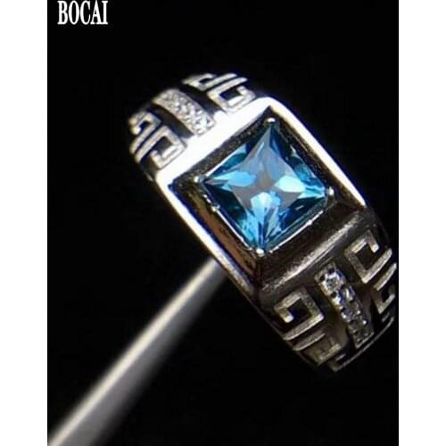 BOCAI new real S925 pure silver natural blue topaz mens ring classic fashion ring for man