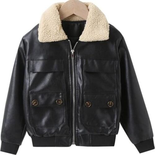 New arrival fashion winter baby girl pu leather zipper jacket kids casual lapel fur collar warm outwear