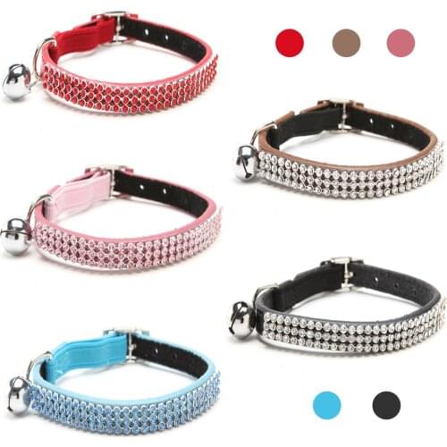 Cat Baby Puppies Safety Elastic Adjustable with Bling Crystal Rhinestone and Bell Real leather puppy Collars S