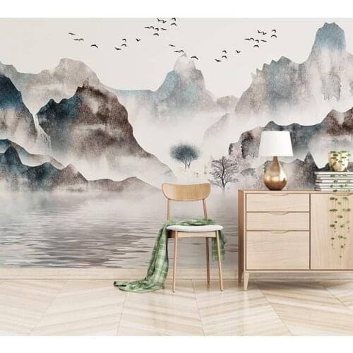 Custom Mural Wallpaper Waterproof Canvas Fabric Hand Painted Ink Mountain Water Painting Living Room Bedroom Decor Wall Murals
