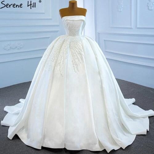 Serene Hill White Satin Strapless Wedding Dresses Gowns Luxury Beading Pearls Sexy Bridal Dress 2021 HM67214 Custom Made