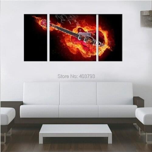 Modern Abstract Oil Painting on canvas 3P LARGE Rock Music & Fire Guitar With No Framed Free Shipping