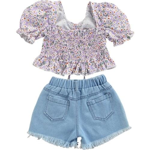 Girl Short Sleeve Tops, Shorts Suit, Floral Lace Up Ruffle Summer Shirt Denim Ripped Pants 2021 New Fashion Childrens Sets