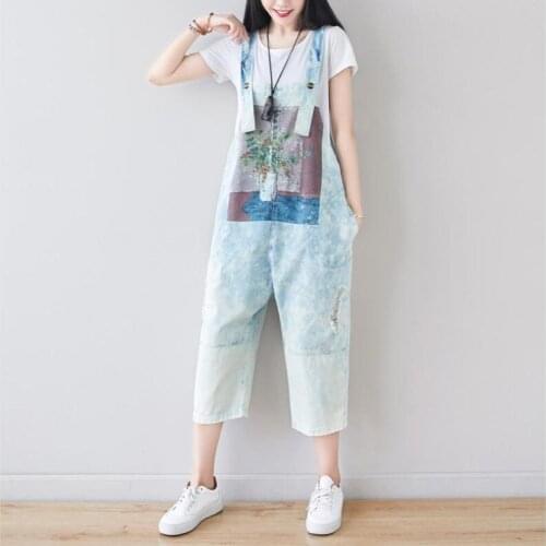 Vintage Gradient Stitching Printed Loose Seven-point Denim Jumpsuit Summer Personality Washed Hole Casual Jeans