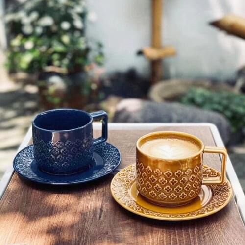 High Temperature Ceramic Underglaze Color Caramel Edo Blue Embossed Flower Coffee Cup/Plate