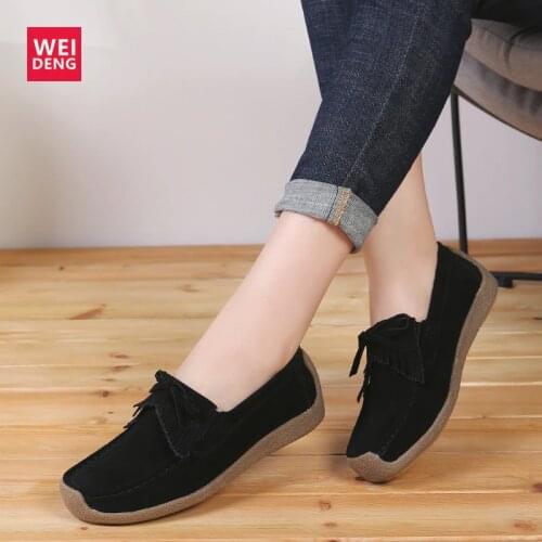 WeiDeng Genuine Leather Women Shoes Fur Insole Suede Flat Loafer Slip On Casual Overseas Warehouse Clearance Sales Promotion