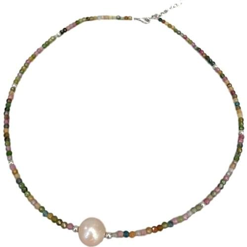 YYGEM Natural Rainbow faceted round Tourmaline Pink keshi Pearl Choker Necklace 925 sterling silver clasp