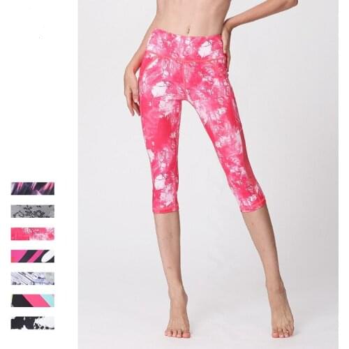 Womens summer yoga cropped pants ladies' 3D print exercise fitness running stretch pants calf-length trousers
