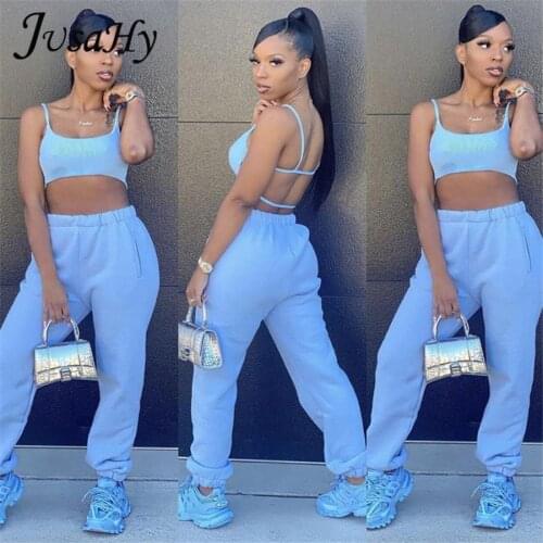 JuSaHy Casual Solid Two Pieces Pants Sets for Women Sleeveless Coreset Top And Straight Pants Streetwear Summer Female Outfits