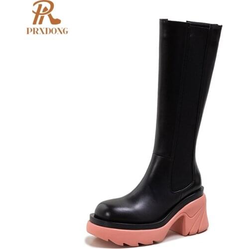 Genuine Leather Knee High Boots 2021 Autumn Women Shoes Mixed Colors Platform Round Toe Leisure Party Female Girls Plus Size 42