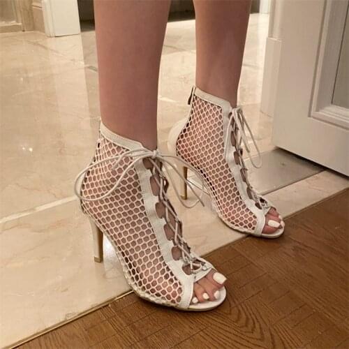 Girls Hollow Mesh Lace Up Summer Boots Women Short Ankle Booties Fish Mouth Stiletto High Heels Sandal Dance Dress Shoes 2021