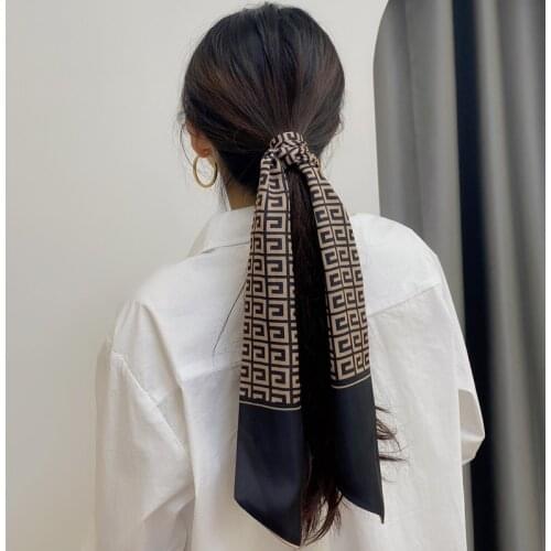 Luna&Dolphin Women Spring French Silk Feeling Scarf Long Chiffon 115x9cm Geometry Printed Chocolate Bag Ribbon Headbands Retro