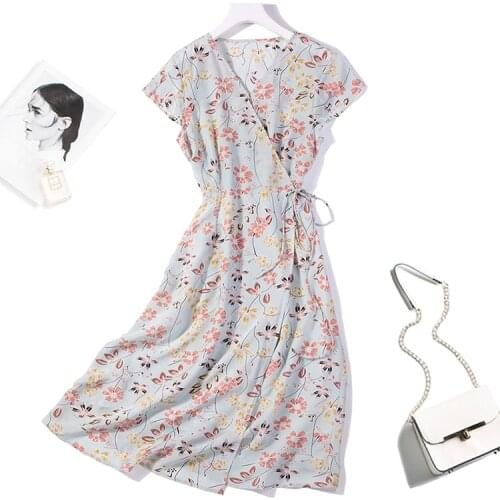 Womens 100% Pure Silk Cap Sleeve Two Layers Pink Floral Printed Long Wrap Dress M L XL JN480