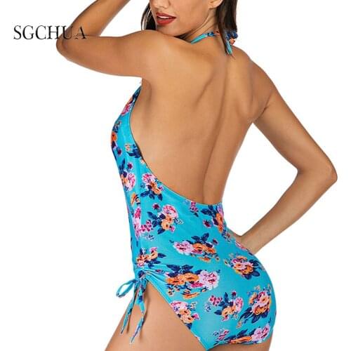 Sexy Trikini Swimwear Solid Blue Flower Backless Swimsuit Female One-Piece Beach Pool Women‘s Plus Size Swimsuit