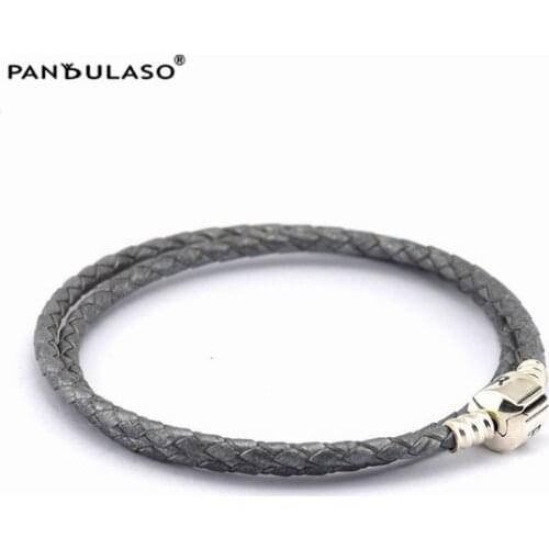Grey Moments Double Woven Leather Bracelet Fits Original sterling silver Charms & Beads For Woman DIY Jewelry Making