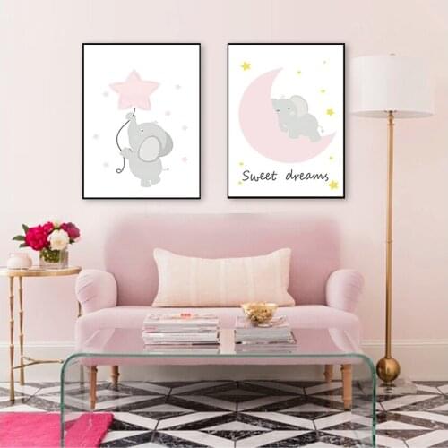 Painting Nordic Kids Bedroom Decoration Pink Elephant Star Canvas Children Print Baby Girl Nursery Wall Art Picture