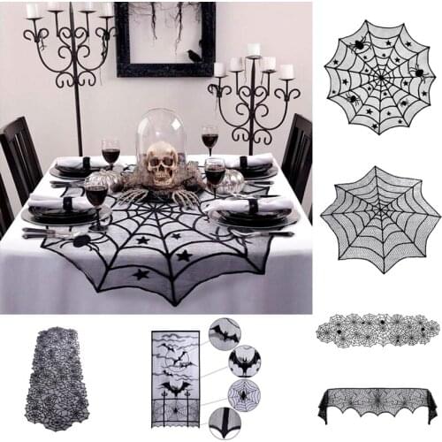1PC Halloween Tablecloth Lace Spider Web Skeleton Skull Black Fireplace Curtain Mantel Scarf Event Party Decoration Supplies