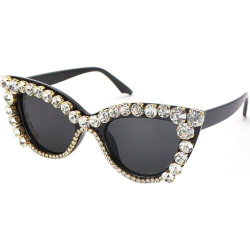 New Upgrade Black Sunglasses Female Cat Eye Sun Glasses Fashion Brand Diamond Studded Spectacle Frame UV400 Protection Glasses
