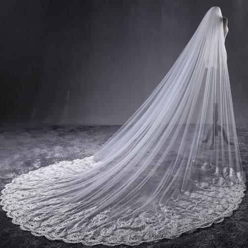 New 4 M One Layer Long Bridal Veils with Comb Vintage Tulle Beaded Lace Edge Cathedral Wedding Veil Crystal Wedding Accessories