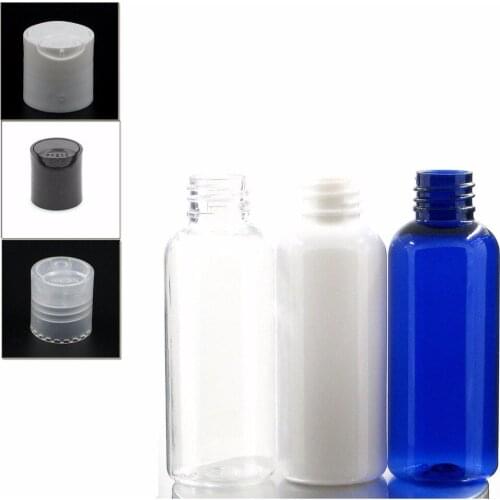 50ml empty Plastic Bottle, round blue/white/clear pet bottle with white/black/transparent disc-top cap plastic bottle X 5
