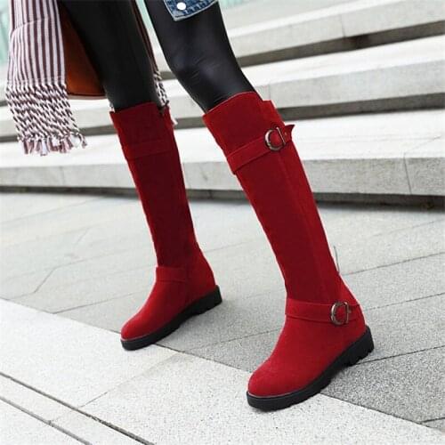 PXELENA 2020 Autumn New Knee High Boots Hidden Heels Buckle Side Zip Faux Suede Riding Long Boots Lady Shoes Comfort Plus Size