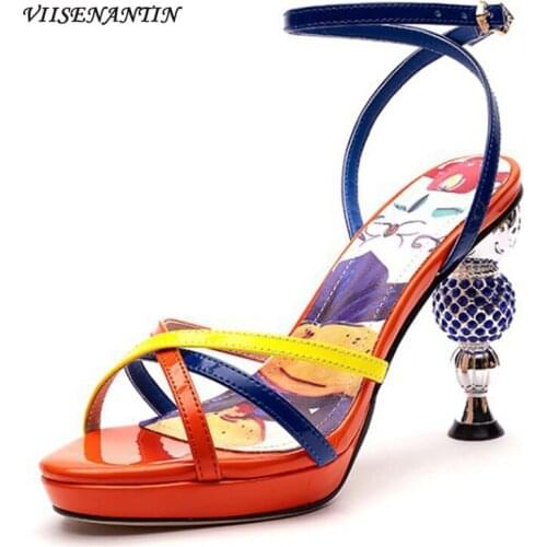 Leather 3D Printing Color Matching Transparent Diamond Shaped High Heels Patent Leather Waterproof Platform High Heel Sandals