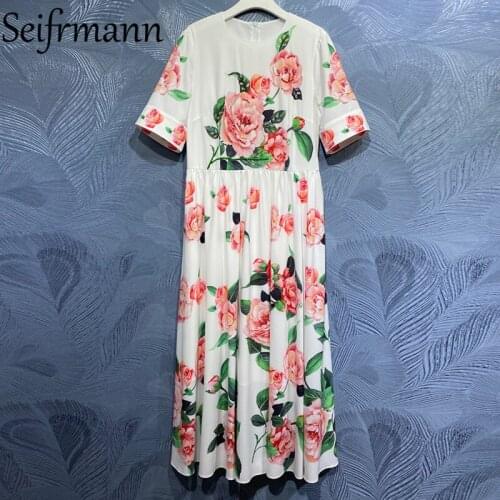 Seifrmann New 2021 Summer Women Fashion Party Long Dress Short Sleeve Gorgeous Crystal Beading Floral Print Ladies A-Line Dress