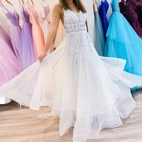 Spaghetti strap Paillette / Sequin V-Neck A-line Chiffon Floor length Sleeveless Banbage Open back Evening Dresses Fashion