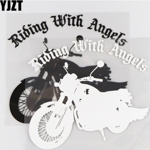YJZT 18.7×17CM Modern Cartoon Vinyl Car Sticker Decal Riding With Angels Motorcycle Decoration Black/Silver 4C-0277