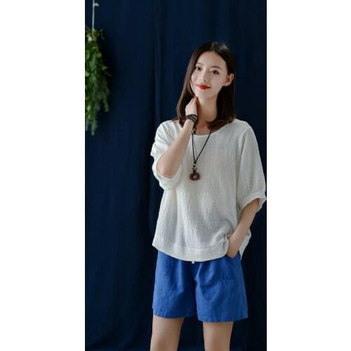 Aransue New Summer 2020 Round Neck Lantern Sleeve T-Shirt Female Cotton Linen Top Solid Color Bottom Tee Shirts