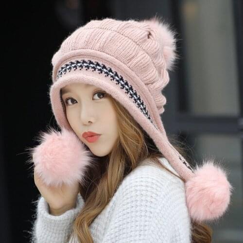 Womens Winter Mink Hats Fur Hats Knitting Fox Fur Hat Pom Poms Ball Beanie Caps Fashion Thick Skullies Female Cap Gorros