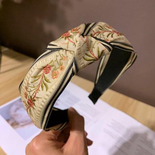 Vintage Wide-Brimmed Bezel Hair Bands Ethnic Style Embroidery Cross Knotted Hair Hoop For Women Sweet Headwear Hair Accessories