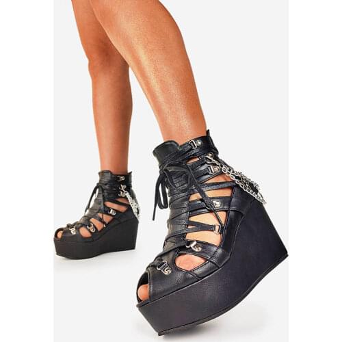 2021 Brand Large Size 42 Female Sandals Gothic black high wedges sandals women open toe chain zipper summer shoes Woman