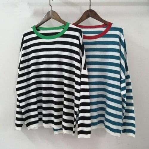 Women Sweater Cardigan Womens Thin Classic Striped Striped Contrast Loose Round Neck Sweater