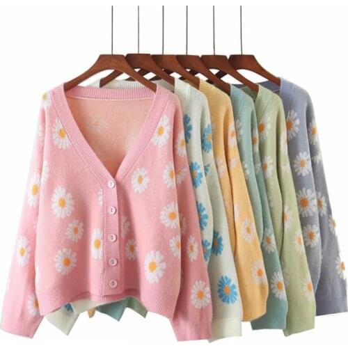 Sweet Cardigan Women Sweater Loose Knit Sweaters Coat Casual Outerwear Daisy Floral Cardigan Sweater Long Sleeve Sueter De Mujer