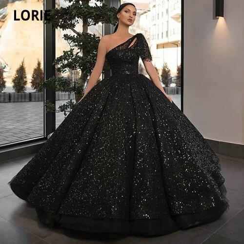 LORIE Glittery Black Evening Gowns Long 2020 One Shoulder Sequin fluffy Ball Gown Formal Dresses Arabic Sparkly Prom Dress