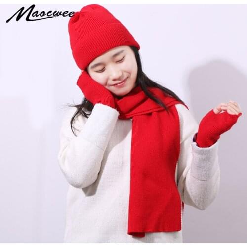 Winter Warm Three-piece Set Scarf Hat And Gloves Women Rabbit hair Crochet Skullies Beanies PomPon Knitting Autumn Striped Cap