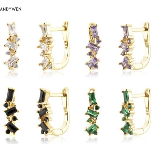 ANDYWEN 925 Sterling Silver Gold Zircon CZ Square Crystal Hoops Piercing Clips Luxury Jewelry Pendientes Fine Jewels